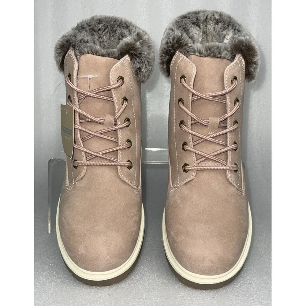 Thereabouts London Hiking Combat Boots Pink w/ Fur Lace Up Big Girls Size 5‎ NEW